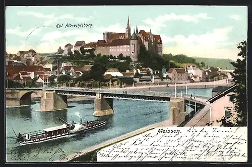 AK Meissen, Königliche Albrechtsburg, Passage des Seitenraddampfers Saxonia unter der Elbbrücke