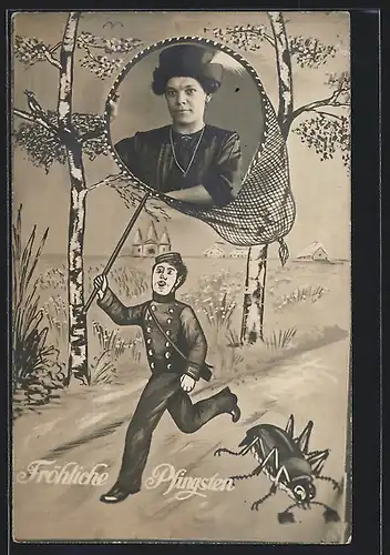 Foto-AK Dame im Netz eines Portiers, Passepartout, Pfingsten