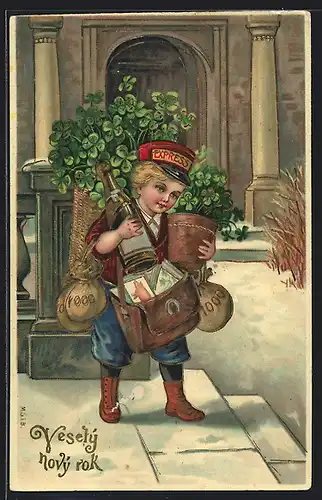 AK Kleiner Page mit Kleeblättern und Geldsäcken