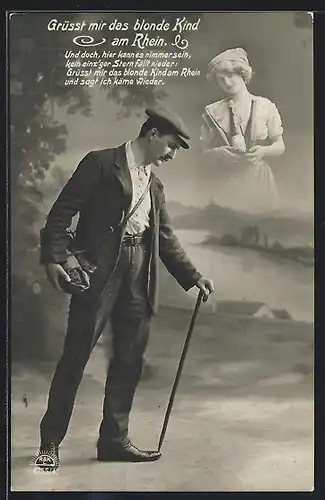 Foto-AK Blondes Kind am Rhein erscheint Wanderer als Geist