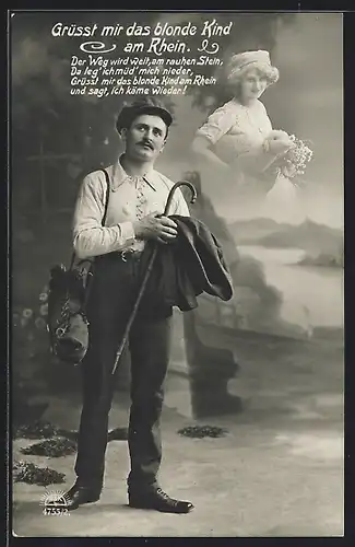 Foto-AK Blondes Kind am Rhein erscheint Wanderer als Geist