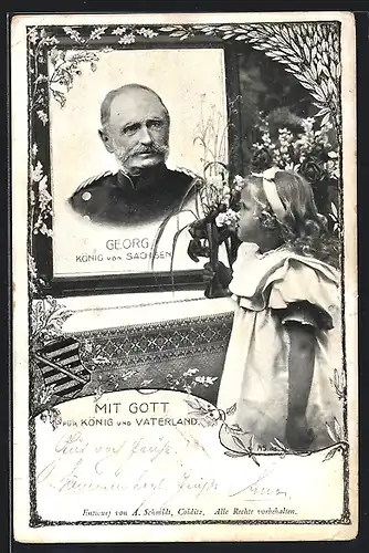 AK Mädchen bringt Blumen ans Bild von König Georg von Sachsen
