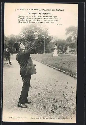 AK Paris, le Charmeur d`Oiseaux aux Tuileries, Le repas de Robinet, Vogelfütterer