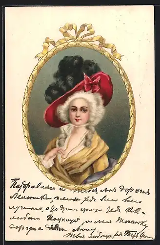 Präge-AK Frau mit rotem Hut im gelben Gewand, Jugendstil