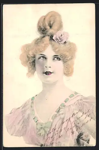 Lithographie Maid im rosa Kleid mit toupierten Haaren, Jugendstil