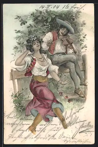 Lithographie Maid in Rock und Bluse tanzt zur Geigenmusik, Jugendstil