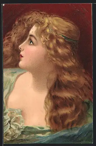 Künstler-AK Maid mit Stirnband und wallendem Haar, Jugendstil