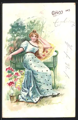 Lithographie Fräulein im blauen Kleid lümmelt auf einer Bank, Jugendstil