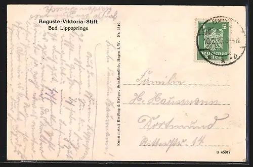 AK Bad Lippspringe, Auguste-Viktoria Stift, Eingang