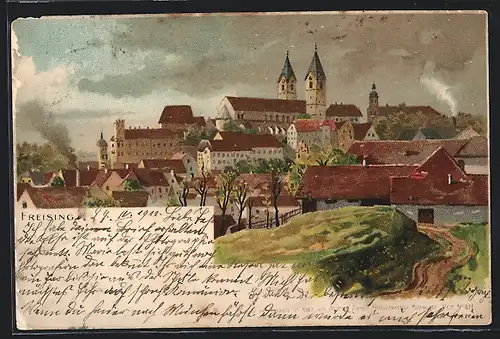 Lithographie Freising, Blick auf einen Teil der Stadt