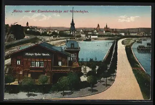 AK Mainz, Von der Eisenbahnbrücke mit Winterhafen