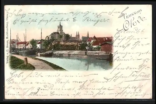 Lithographie Cleve, Flusspartie mit Booten