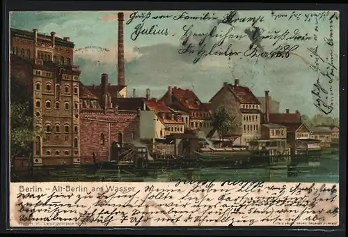 Lithographie Alt-Berlin, am Wasser, Fabrikgebäude