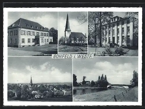 AK Gohfeld i.W., Sparkasse, Kirche, Landfrauenschule, Gesamtansicht