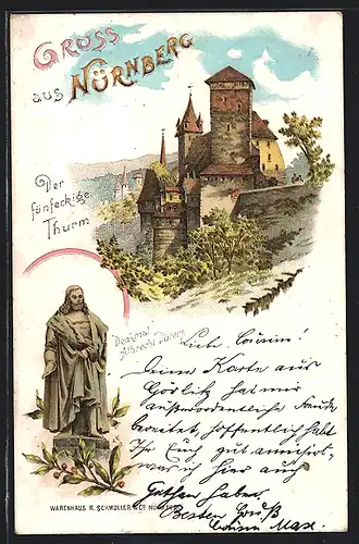 Lithographie Nürnberg, Der fünfeckige Turm, Denkmal Albrecht Dürers