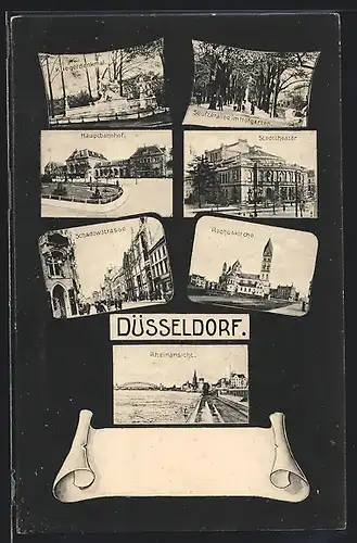 AK Düsseldorf, Kriegerdenkmal, Hauptbahnhof, Stadttheater, Rochuskirche