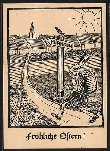 Künstler-AK Hüfingen, Ostergruss, Osterhase wandert zum Ort