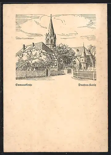 Künstler-AK Dresden-Kaditz, Partie der Emmauskirche