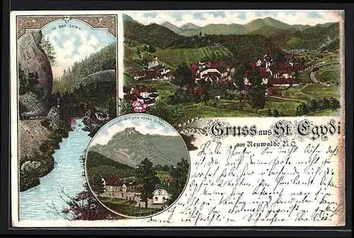 Lithographie St. Aegyd am Neuwalde, Ortsansicht, Kernhof mit dem Hohen Gippl