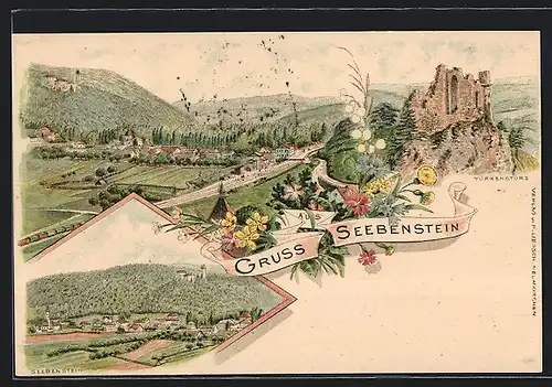 Lithographie Seebenstein, Panorama, Türkensturz