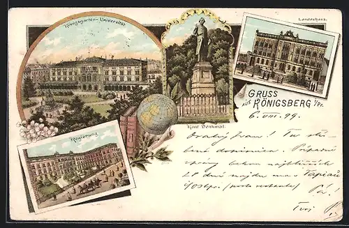 Lithographie Königsberg i. Pr., Regierung, Kant-Denkmal, Landeshaus, Königsgarten-Universität