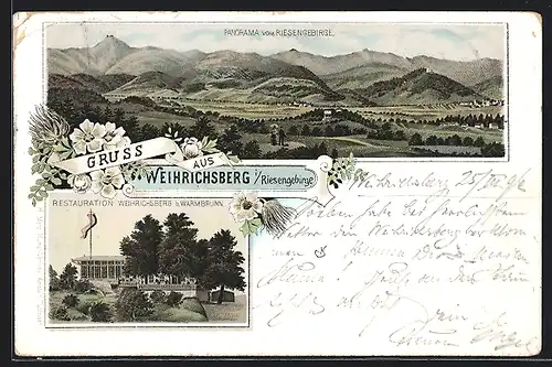 Lithographie Bad Warmbrunn, Restauration Weihrichsberg, Panorama vom Riesengebirge