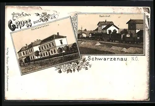 Lithographie Schwarzenau, Restauration, Bahnhof