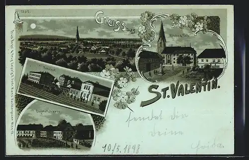 Lithographie St. Valentin, Kirche und Platz, Bahnhof, Bahnhofstrasse