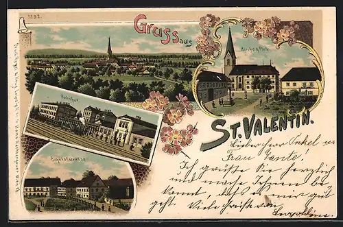 Lithographie St. Valentin, Kirche und Platz, Bahnhof, Bahnhofstrasse