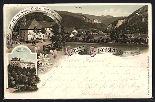 Lithographie Stixenstein, Sieding, Gasthof zur Stixensteiner Quelle, Schloss Stixenstein