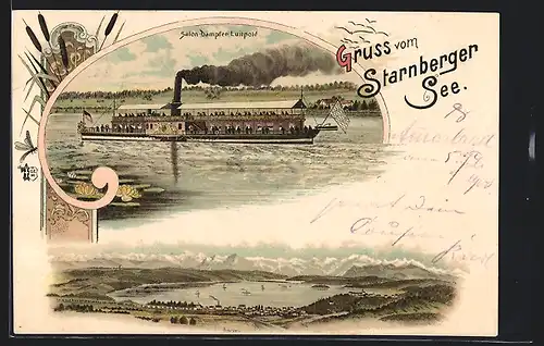 Lithographie Starnberg, Panorama & Salon-Dampfer Luitpold auf dem Starnberger See