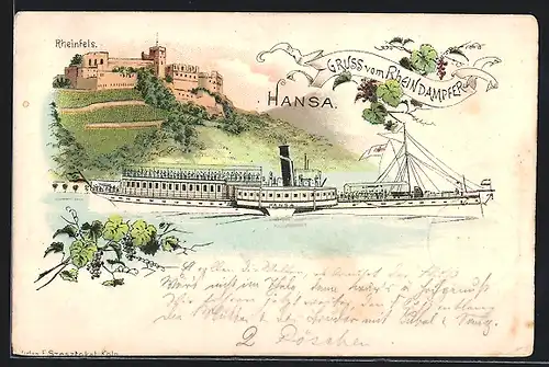 Lithographie Rheindampfer Hansa mit Blick auf Burg Rheinfels