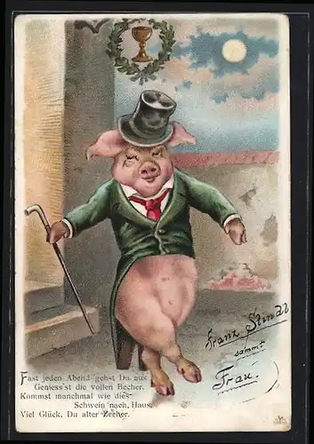 Lithographie Torkelndes Schwein mit Hut und Stock, vermenschlichte Tiere