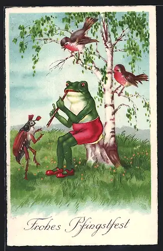 Künstler-AK Frosch spielt Flöte für Maikäfer und Rotkehlchen