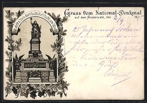 Vorläufer-Lithographie National-Denkmal auf dem Niederwald, 1895, gerahmt von Eichenlaub