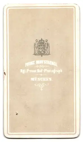 Fotografie Franz Hanfstaengl, München, Bürgerlicher Herr mit gezwirbeltem Schnurrbart in grauem Anzug und Fliege