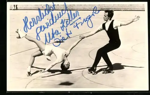Fotografie Rollschuhläufer-Paar Uta Keller & Dieter Fingerl bei einem Wettkampf, Autograph mit blauem Filzstift
