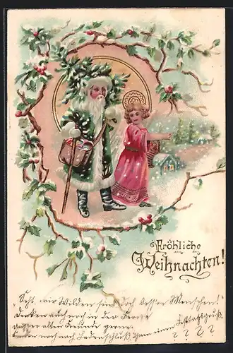 AK Weihnachtsmann und Weihnachtsengel in der winterlichen Ortschaft unterwegs