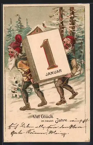 AK Zwerg tragen ein Kalenderblatt im Schnee zu Neujahr