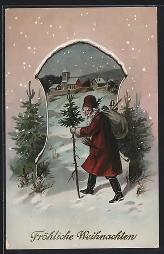 AK Weihnachtsmann im verschneiten Wald
