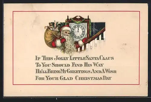 AK Weihnachtsmann neben einer Uhr zu Mitternacht