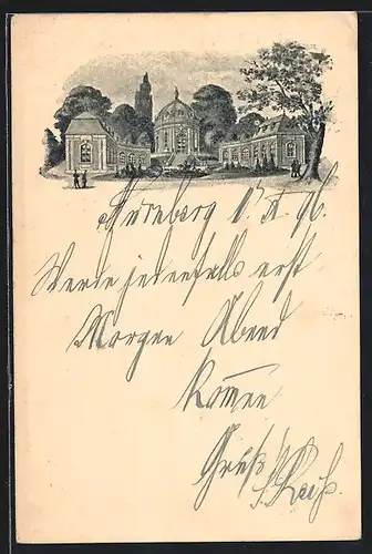 Lithographie Nürnberg, Bayerische Landes-Ausstellung 1896, Ausstellungsgebäude mit Pavillon