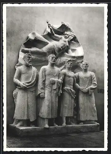 AK Zürich, Schweizerische Landes-Ausstellung 1939, Plastik Rufst du mein Vaterland in Enge