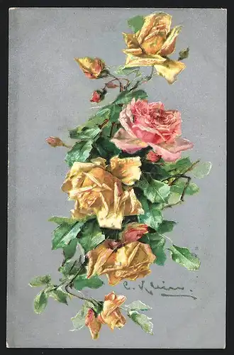 Künstler-AK Catharina Klein: prachvolle Rosen in gelb und rosé mit Blattgrün
