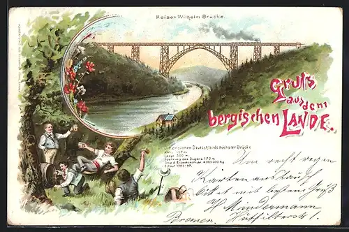 Lithographie Müngsten, Müngstener Brücke - Kaiser Wilhelm Brücke, Bier trinkende Männer, Bergisches Land