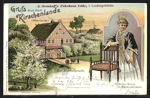 Lithographie Steinkirchen, Gasthof J. zum Gelde, Altländer Braut in Nationaltracht