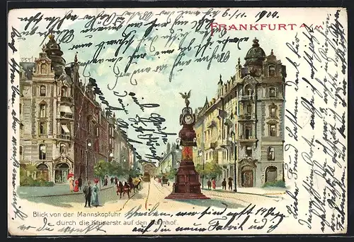 Lithographie Frankfurt a. M., Blick von der Mannskopfuhr durch die Kaiserstrasse auf den Bahnhof