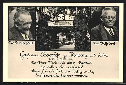 AK Marburg, Grusskarte vom Bachfest 1937, Portraits der Präsidenten