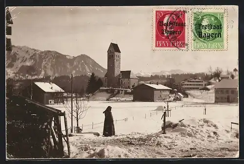 AK Lauingen, Ortsansicht im Winter, Kirche