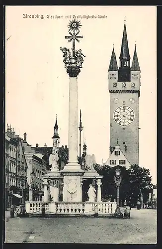 AK Straubing, Stadtturm mit Dreifaltigkeitssäule